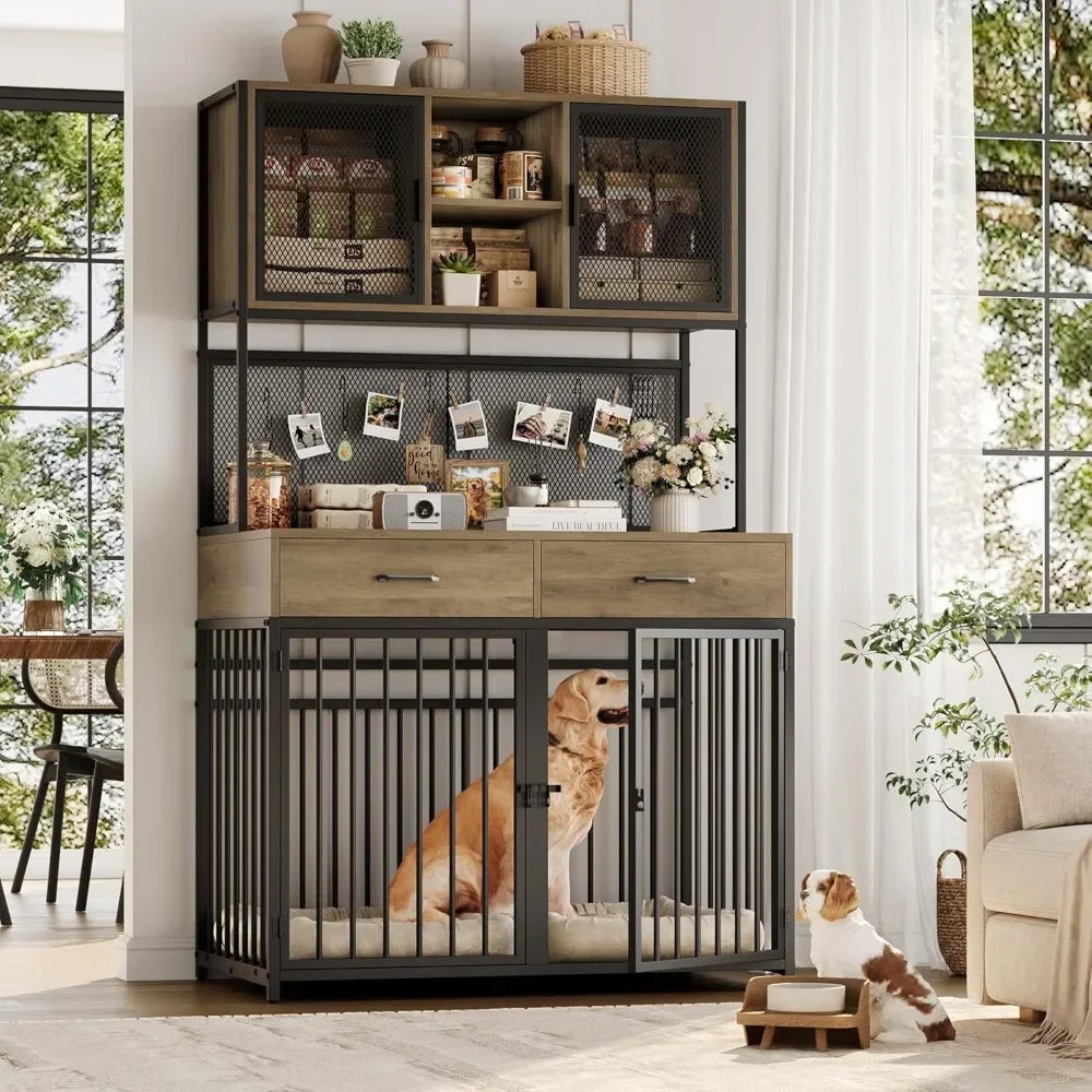 71" Tall Dogs Crate Furniture, Indoor Dogs Kennel with Hutch, 42" W Dog Cage for Large/Medium Dogs, Wood Dogs Crates