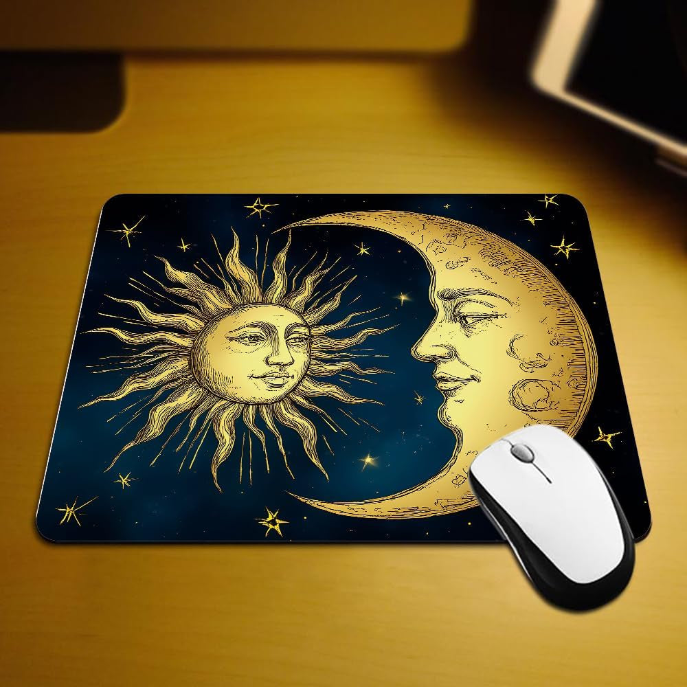 Gaming Mouse Pad Astrology Antique Golden Sun Crescent Moon and Stars over Blue Black Sky Boho Chic Tattoo Astronomy Non-Slip Rubber Mouse Pad for Computers Office 9.5 Inch X 7.9 Inch