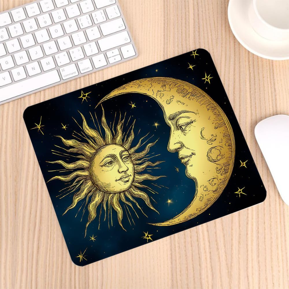 Gaming Mouse Pad Astrology Antique Golden Sun Crescent Moon and Stars over Blue Black Sky Boho Chic Tattoo Astronomy Non-Slip Rubber Mouse Pad for Computers Office 9.5 Inch X 7.9 Inch