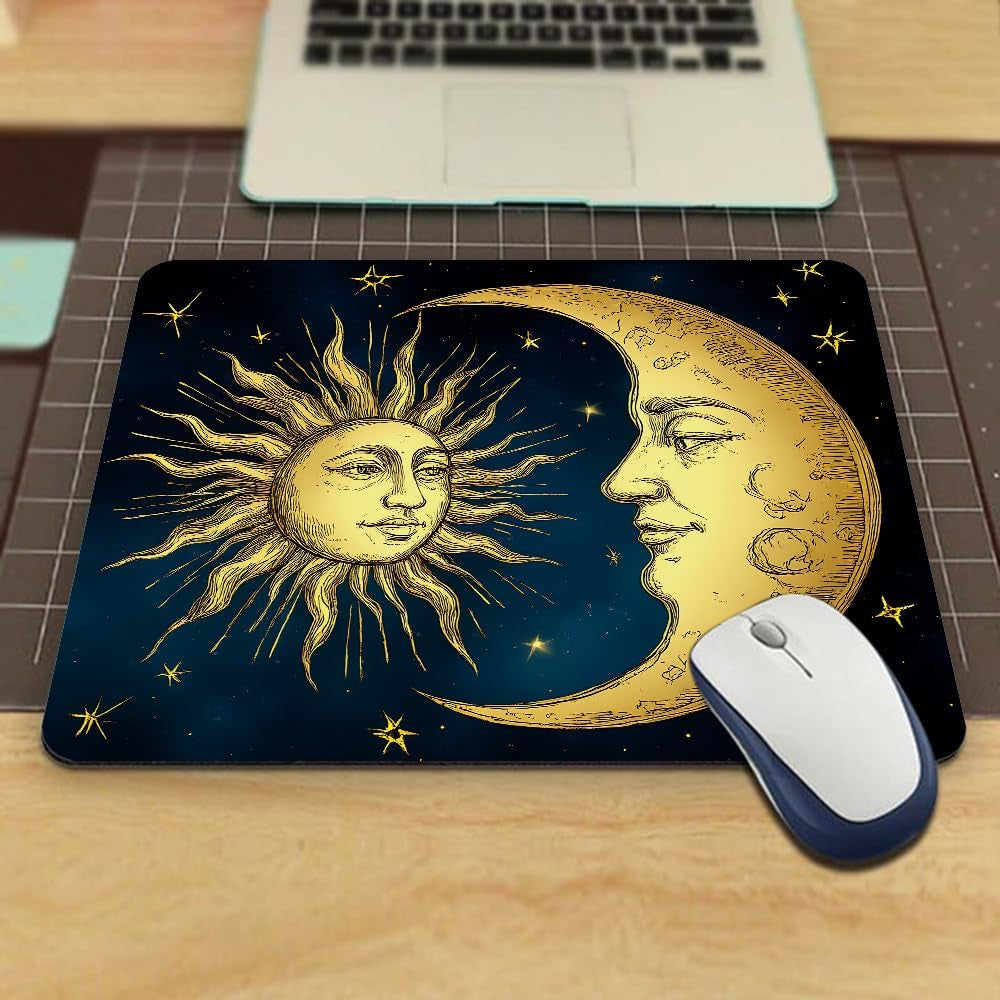 Gaming Mouse Pad Astrology Antique Golden Sun Crescent Moon and Stars over Blue Black Sky Boho Chic Tattoo Astronomy Non-Slip Rubber Mouse Pad for Computers Office 9.5 Inch X 7.9 Inch